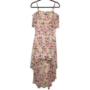 EUC No Brand Pink and Cream Floral High-Low Cold Shoulder Midi Maxi Dress